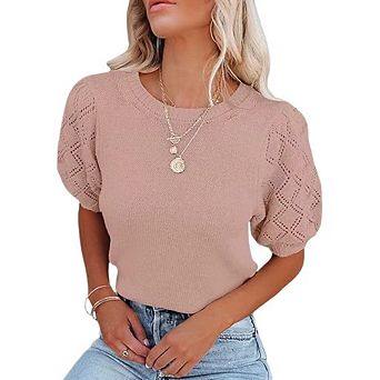 Womens Short Sleeve Sweaters Crewneck Pullover Tops Casual Lightweight Knit Crochet Blouse Shirt