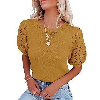Womens Short Sleeve Sweaters Crewneck Pullover Tops Casual Lightweight Knit Crochet Blouse Shirt