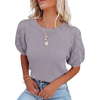 Womens Short Sleeve Sweaters Crewneck Pullover Tops Casual Lightweight Knit Crochet Blouse Shirt