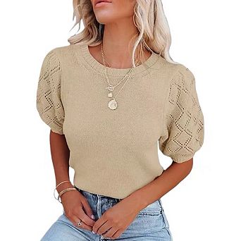 Womens Short Sleeve Sweaters Crewneck Pullover Tops Casual Lightweight Knit Crochet Blouse Shirt