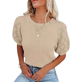 Womens Short Sleeve Sweaters Crewneck Pullover Tops Casual Lightweight Knit Crochet Blouse Shirt