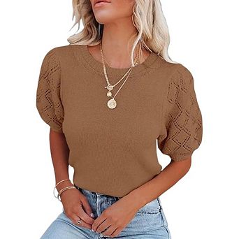 Womens Short Sleeve Sweaters Crewneck Pullover Tops Casual Lightweight Knit Crochet Blouse Shirt
