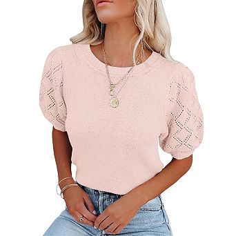 Womens Short Sleeve Sweaters Crewneck Pullover Tops Casual Lightweight Knit Crochet Blouse Shirt