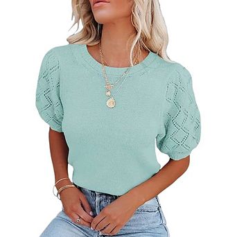 Womens Short Sleeve Sweaters Crewneck Pullover Tops Casual Lightweight Knit Crochet Blouse Shirt