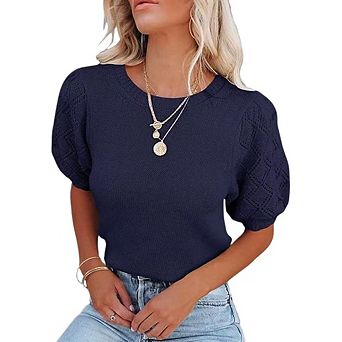 Womens Short Sleeve Sweaters Crewneck Pullover Tops Casual Lightweight Knit Crochet Blouse Shirt