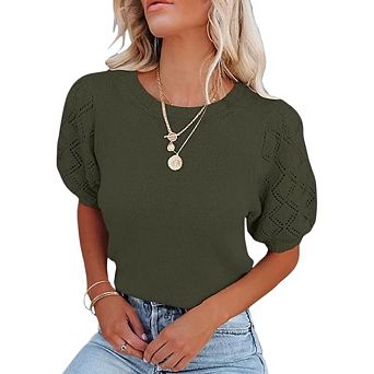 Womens Short Sleeve Sweaters Crewneck Pullover Tops Casual Lightweight Knit Crochet Blouse Shirt