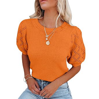 Womens Short Sleeve Sweaters Crewneck Pullover Tops Casual Lightweight Knit Crochet Blouse Shirt