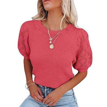 Womens Short Sleeve Sweaters Crewneck Pullover Tops Casual Lightweight Knit Crochet Blouse Shirt