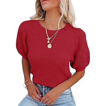 Womens Short Sleeve Sweaters Crewneck Pullover Tops Casual Lightweight Knit Crochet Blouse Shirt