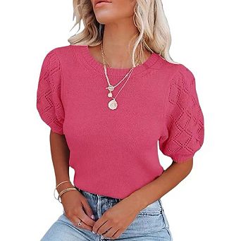 Womens Short Sleeve Sweaters Crewneck Pullover Tops Casual Lightweight Knit Crochet Blouse Shirt