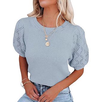 Womens Short Sleeve Sweaters Crewneck Pullover Tops Casual Lightweight Knit Crochet Blouse Shirt
