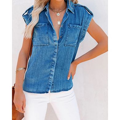 Women Sleeveless Denim Shirt Button Down Chambray Blouse with Pockets, Rolled Cuff Cap Sleeve Top