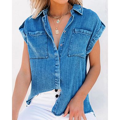 Women Sleeveless Denim Shirt Button Down Chambray Blouse with Pockets, Rolled Cuff Cap Sleeve Top