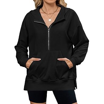 Women Half Zip Hoodie Casual Long Sleeve Oversized Pullover Sweatshirt with Pocket Loose Hooded Top