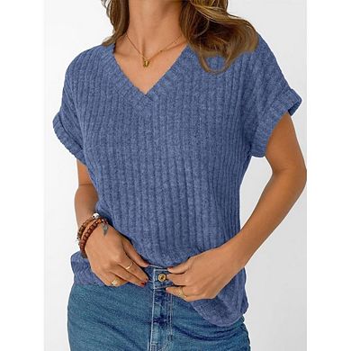 Women's Plus Size Casual Top V-Neck, Brushed Solid Color Short Sleeve