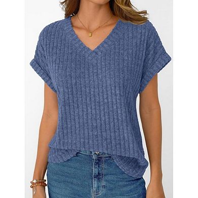Women's Plus Size Casual Top V-Neck, Brushed Solid Color Short Sleeve