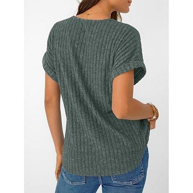 Women's Plus Size Casual Top V-Neck, Brushed Solid Color Short Sleeve