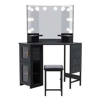 Space Saving Corner Makeup Vanity with Bulb Mirror, Charging Station & Full Storage Cabinet for Home