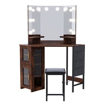 Space Saving Corner Makeup Vanity with Bulb Mirror, Charging Station & Full Storage Cabinet for Home