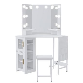 Space Saving Corner Makeup Vanity with Bulb Mirror, Charging Station & Full Storage Cabinet for Home