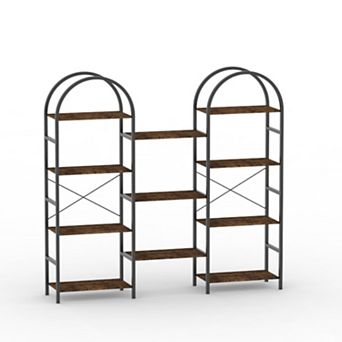 63"Tall Industrial Arched Triple‑Column 4 tier Bookshelf,Metal&Wood Bookcase with 11 Display Shelves