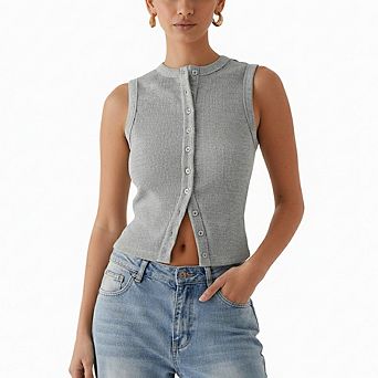 Women's Ribbed Knit Sleeveless Top with Button Front Casual Daily Office Wear