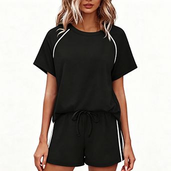 Women's Short Sleeve Crew Neck T-Shirt Top Summer Casual Drawstring Shorts 2 pc Loungewear Set