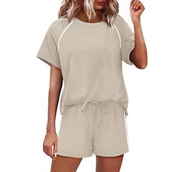 Women's Summer Casual Short Sleeve T-Shirt Crew Neck Top Drawstring Shorts 2 pc Loungewear Set