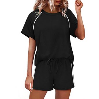 Women's Summer Casual Short Sleeve T-Shirt Crew Neck Top Drawstring Shorts 2 pc Loungewear Set