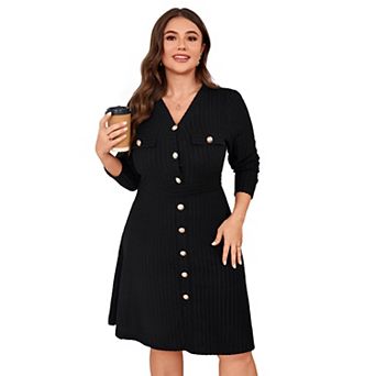 Women's Plus Size V-Neck Long Sleeve Mini Dress, Button Front Ribbed Casual Dress