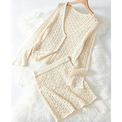 Women's Hollow Out Crochet Knit 2-Piece Set Button Long Sleeve Openwork Cardigan Mini Short Skirt
