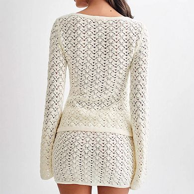 Women's Hollow Out Crochet Knit 2-Piece Set Button Long Sleeve Openwork Cardigan Mini Short Skirt