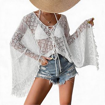 Women's Fringe Crochet Lace Beach Cover‑Up Top