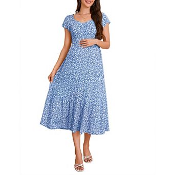 Maternity Sweetheart Neck Flutter Sleeve Midi Dress, Smocked Floral Casual Dress