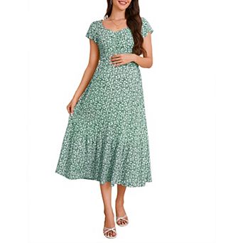 Maternity Sweetheart Neck Flutter Sleeve Midi Dress, Smocked Floral Casual Dress