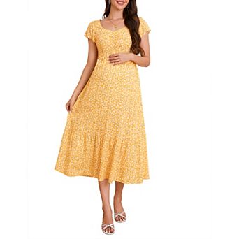 Maternity Sweetheart Neck Flutter Sleeve Midi Dress, Smocked Floral Casual Dress