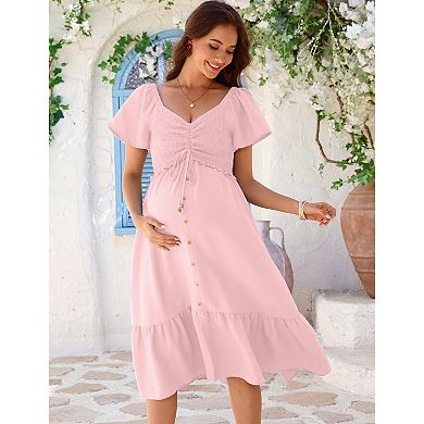 Maternity V-Neck Flutter Sleeve Midi Dress, Smocked Front Button-Down Casual Dress