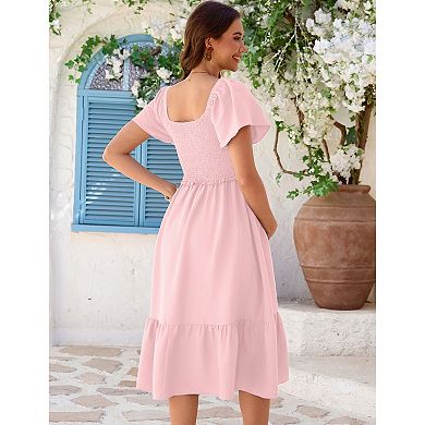 Maternity V-Neck Flutter Sleeve Midi Dress, Smocked Front Button-Down Casual Dress