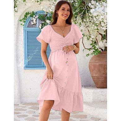 Maternity V-Neck Flutter Sleeve Midi Dress, Smocked Front Button-Down Casual Dress