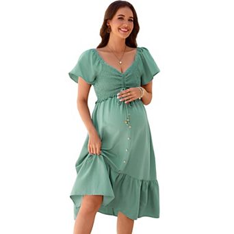 Maternity V-Neck Flutter Sleeve Midi Dress, Smocked Front Button-Down Casual Dress