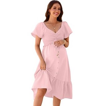 Maternity V-Neck Flutter Sleeve Midi Dress, Smocked Front Button-Down Casual Dress