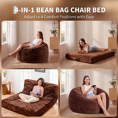 Memory Foam Bean Bag Bed Oversized Convertible Beanbag for Adults, Velvet Washable Cover