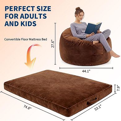 Memory Foam Bean Bag Bed Oversized Convertible Beanbag for Adults, Velvet Washable Cover