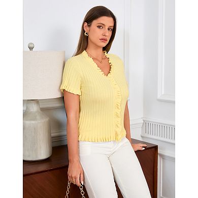 Women Ruffle Cardigan Short Sleeve Button Down Knit Blouse