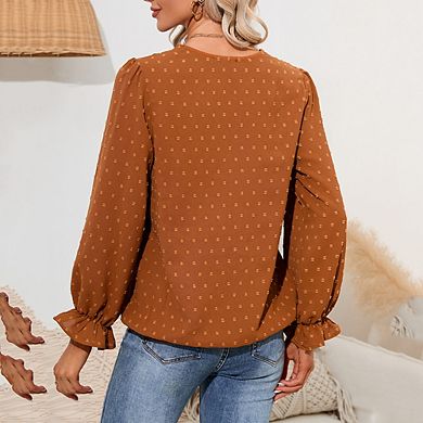 Women Long Sleeve Shirt Embroidered V Neck Pom Pom Blouse