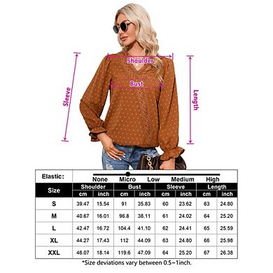 Women Long Sleeve Shirt Embroidered V Neck Pom Pom Blouse
