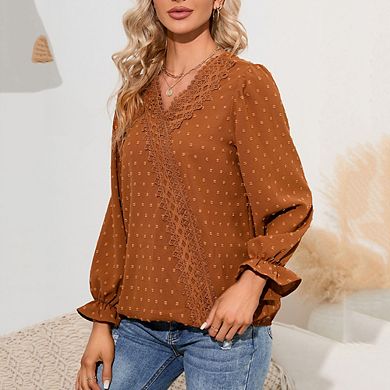 Women Long Sleeve Shirt Embroidered V Neck Pom Pom Blouse