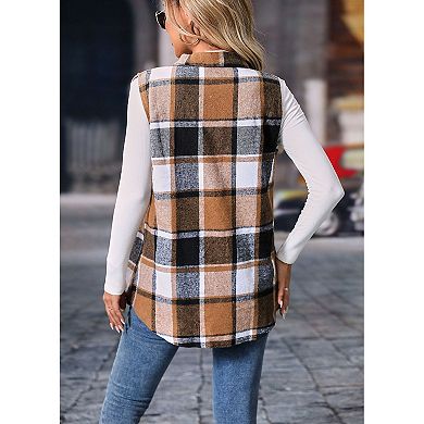 Women Button Down Plaid Vest Casual Sleeveless Long Jacket
