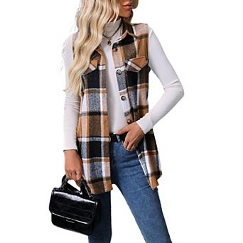 Women Button Down Plaid Vest Casual Sleeveless Long Jacket