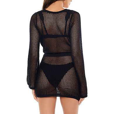 Women Deep V Neck Cover Up Long Sleeve Beach Hollow Out Bathing Suit